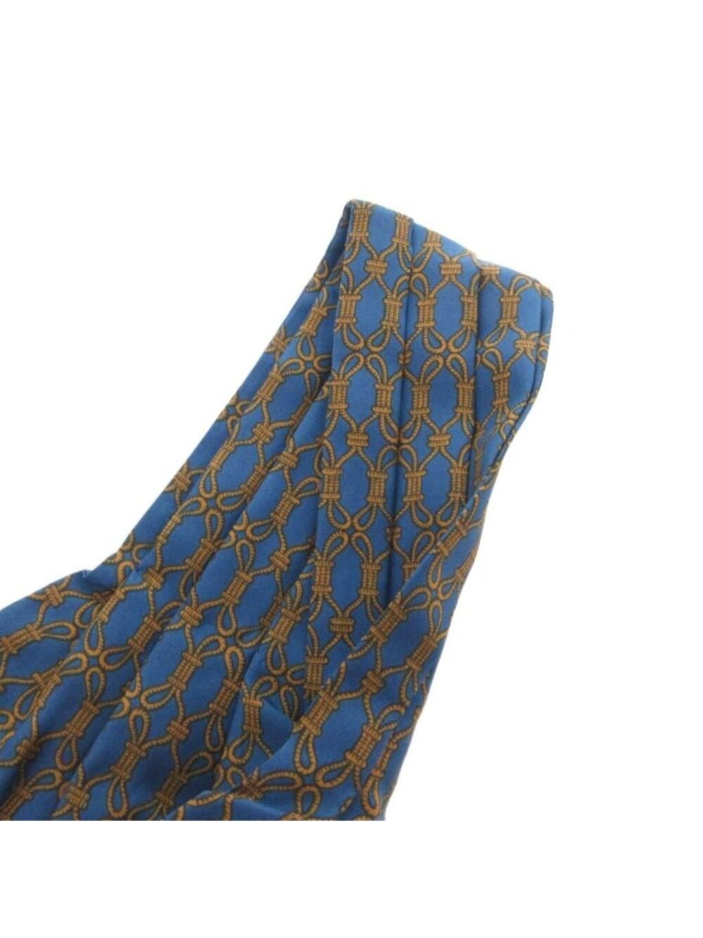 Hermes Scarf Ascot Tie Gold Chain Pattern Silk Pleats Blue - Picture 3 of 5
